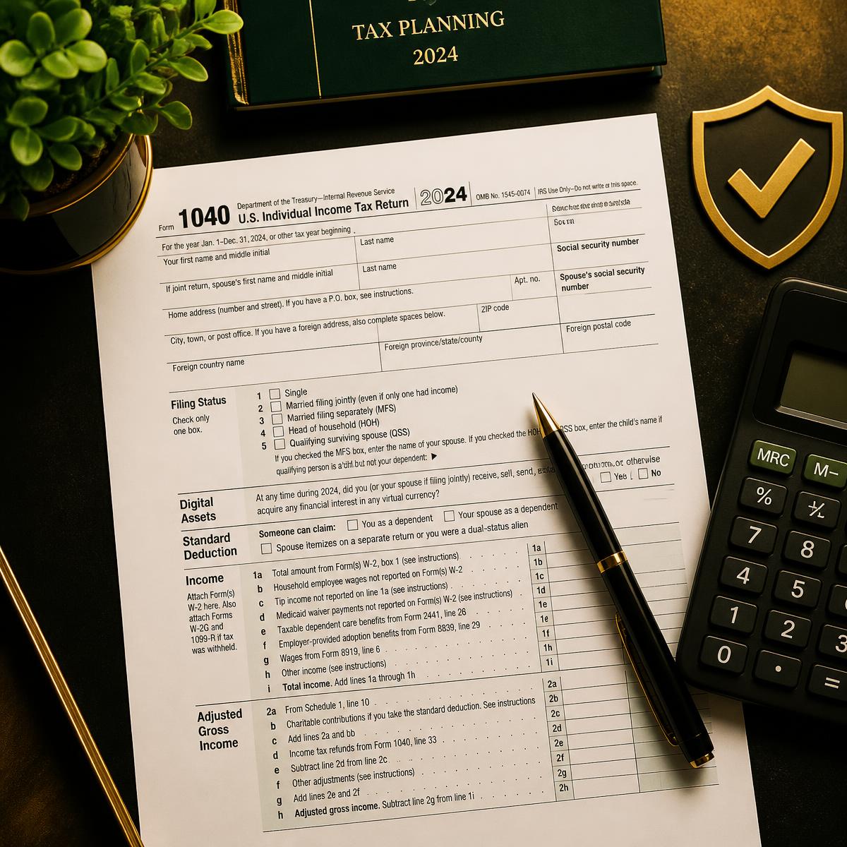 Tax preparation documents, calculator and pen